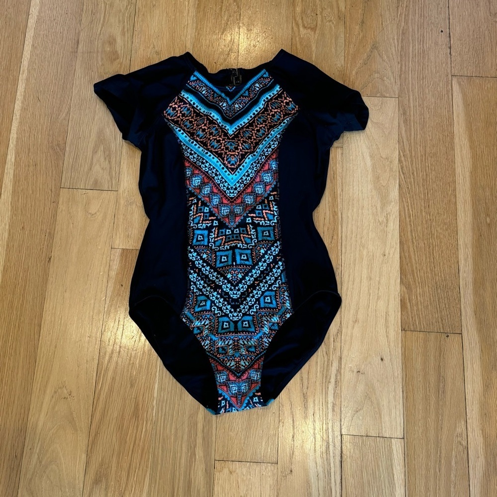Aqua Green Black and Blue Open Back Geometric Swimsuit